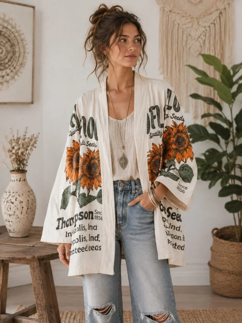 Upcycled Vintage Sunflower Seed Sack Kimono Jacket White & Orange 0S